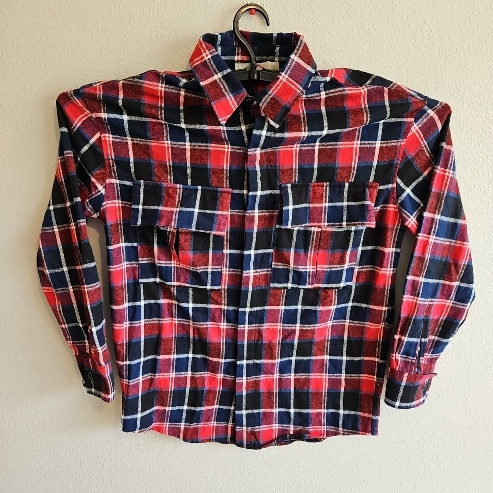 MNML Flannel Men's Size Small Red Blue White Plaid Winter Warm Heavy Button Up